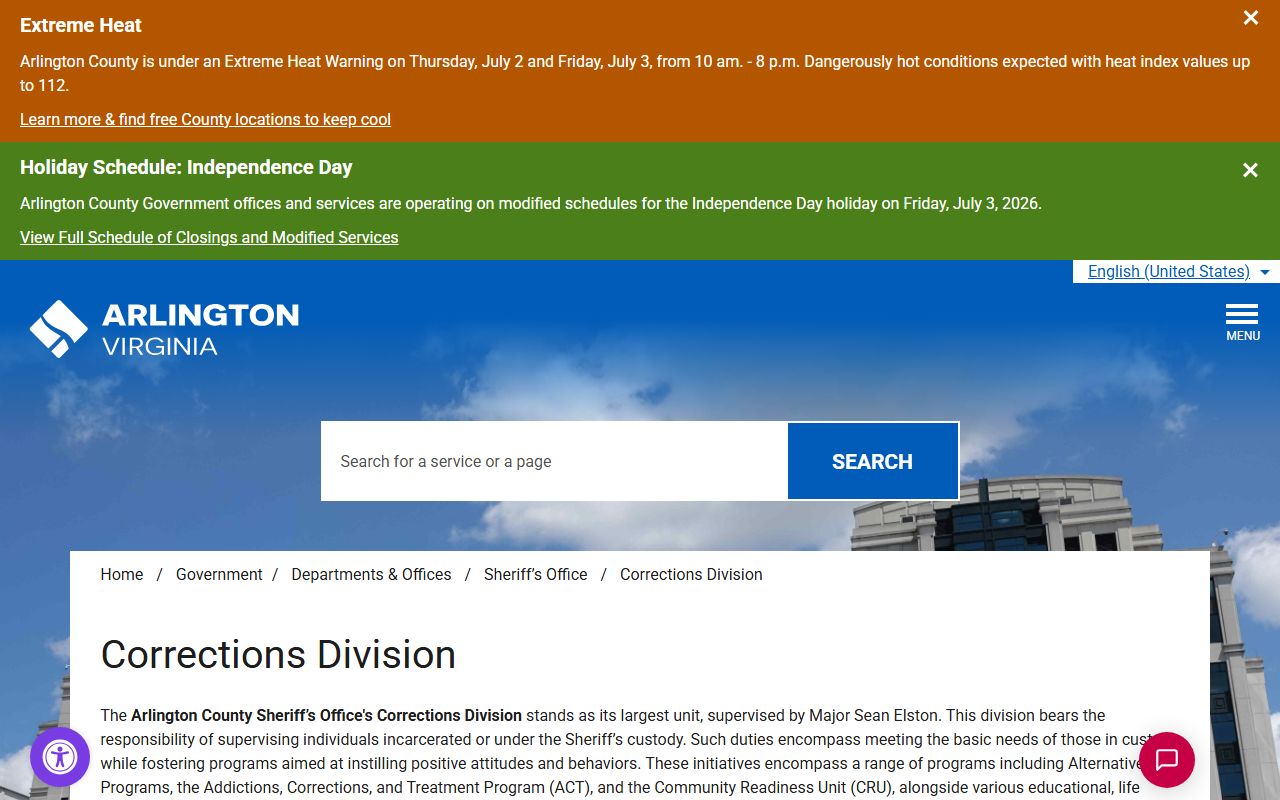 Arlington County Detention Facility corrections division information for inmate lookup