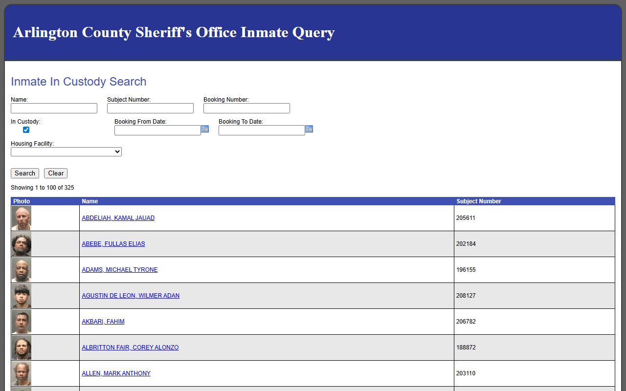 Arlington County current inmate roster results with booking-photo thumbnails