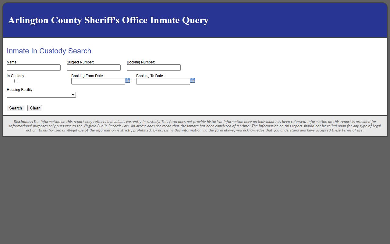 Arlington County inmate records search form for the jail roster